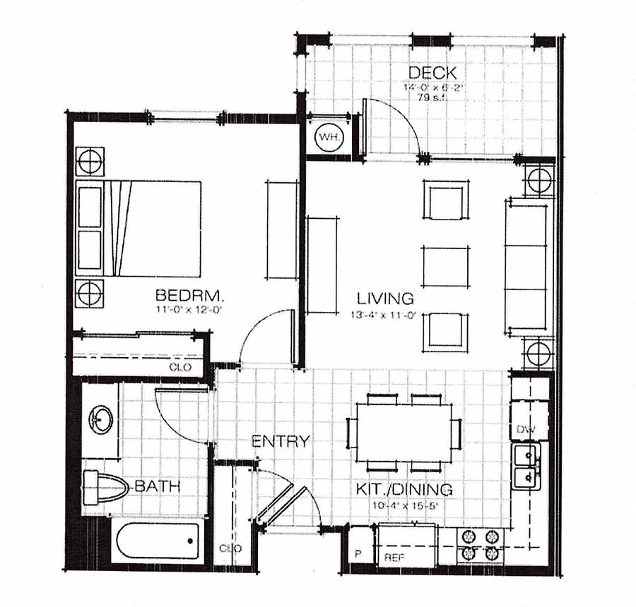 Floor plan for 1 bed, 1 bath